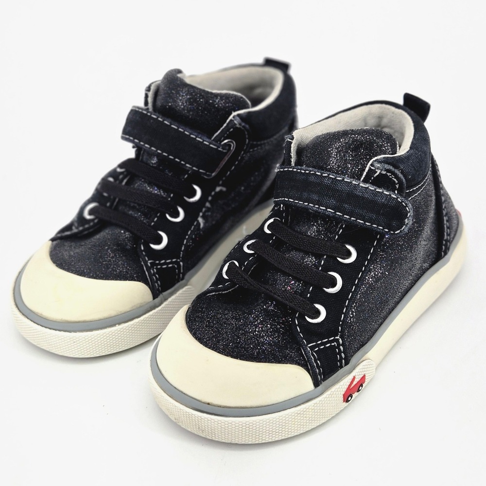 See Kai Run Peyton Black Glitter Shimmer Girls High Top Sneakers Shoes Size 8